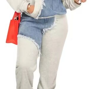 Two-Tone Denim and Gray Frayed Jumpsuit